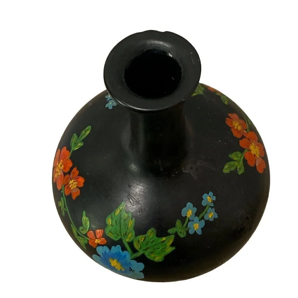 Folk Art Vase Handpainted Glass Black Floral 6